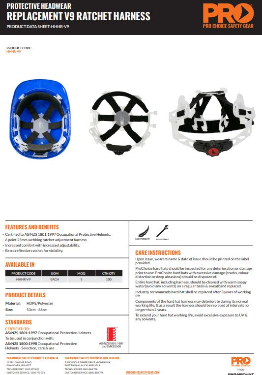 Pro Choice Hard Hat Ratchet Harness for V6 and V9 Hard Hats