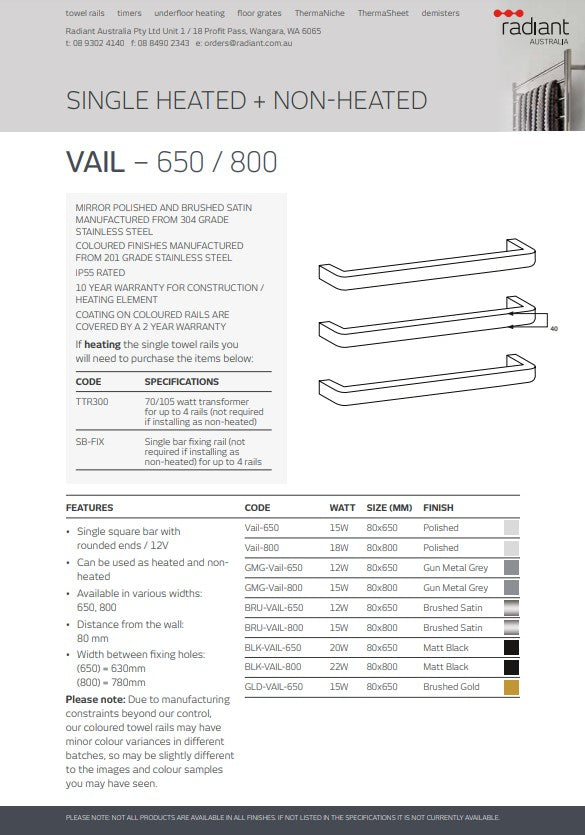 Radiant Single SQUARE WITH ROUNDED ENDS Bar Heated Towel Rail Kits (VAIL) - Various Widths, Colour Finishes and Number of Bars Available
