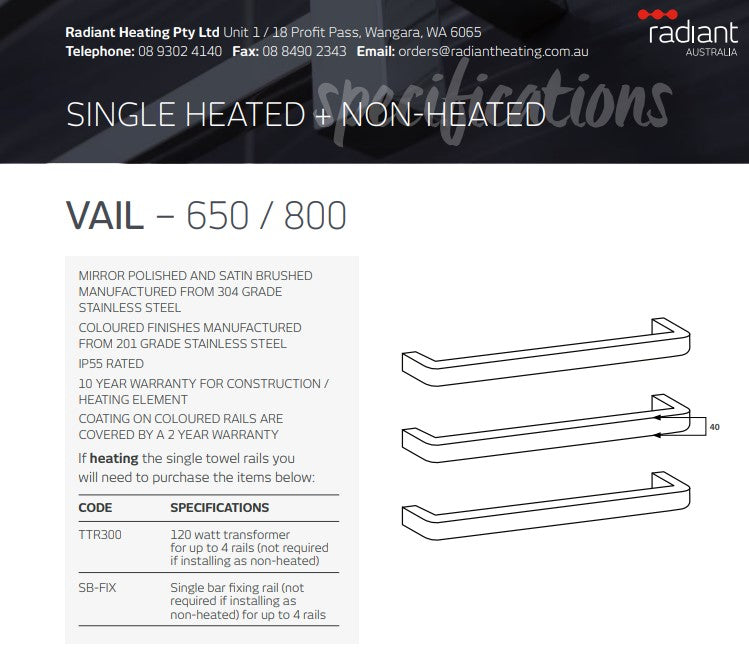 Radiant Single SQUARE WITH ROUNDED ENDS Bar Heated Towel Rail Kits (VAIL) - Various Widths, Colour Finishes and Number of Bars Available
