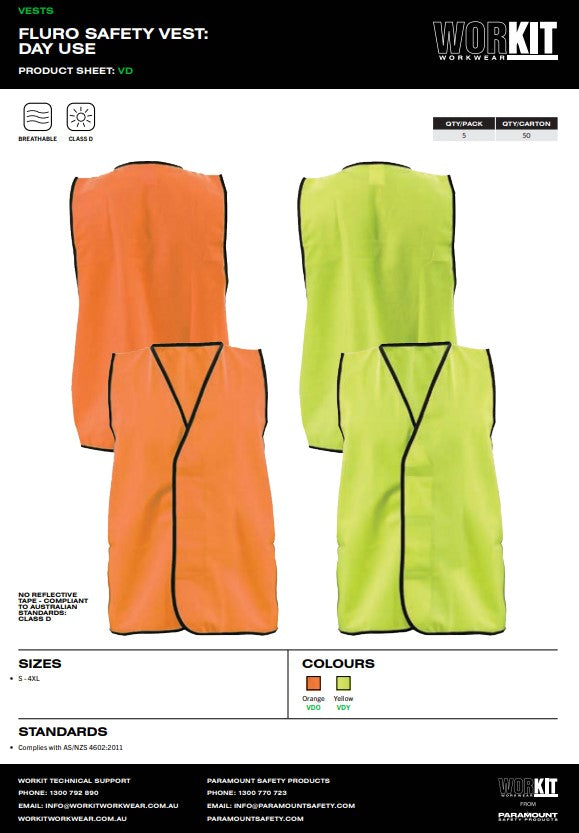 Pro Choice Hi Vis Fluro Vest Day Use - Pack of 5 in 2 Colours and 7 Size Options
