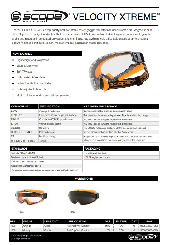 Scope Velocity Xtreme Orange Frame AF/AS Clear or Smoke Lens