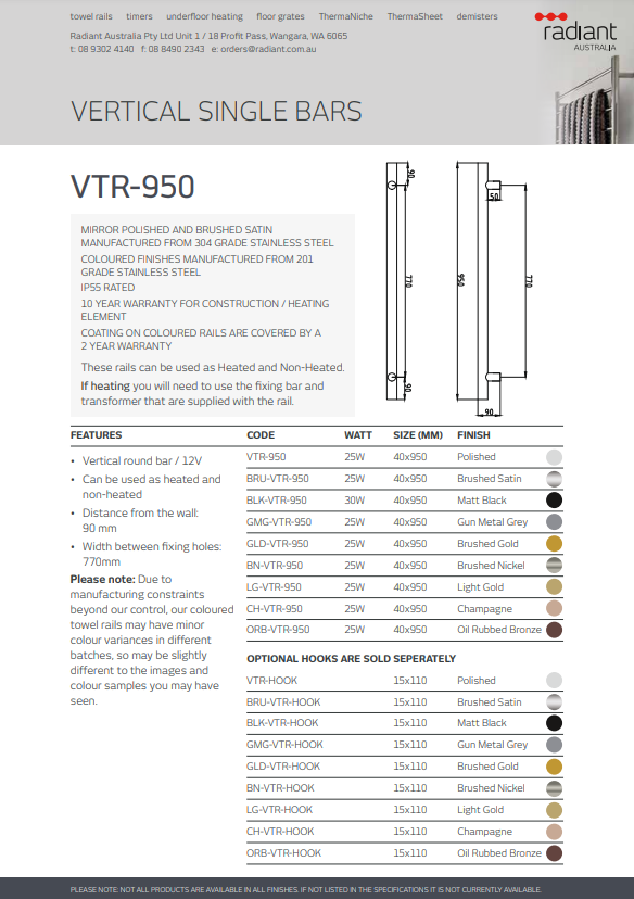 Radiant Single Vertical ROUND Bar Heated Towel Rail 950mm Tall - Various Colour Finishes