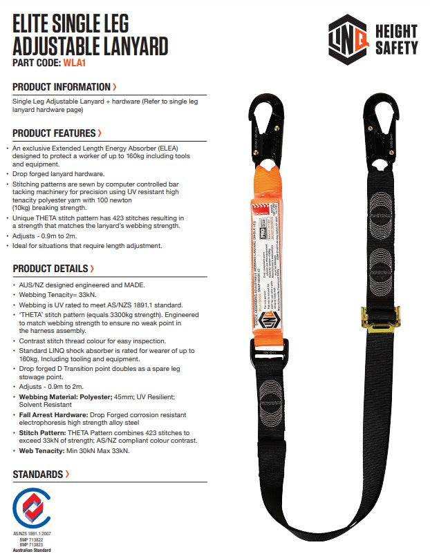 Linq Elite 2m Single Leg Shock Absorbing Adjustable Lanyard - Plus Hardware Made to Order