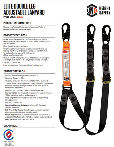 Linq Elite 2m Double Adjustable Lanyard - Made to Order