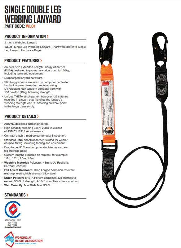 Linq Elite Single Leg Shock Absording Webbing Lanyards - Plus Hardware Options