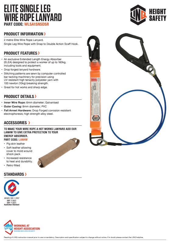 Linq Elite Single or Double Leg Shock Absorbing Wire Rope Lanyards - Made To Order
