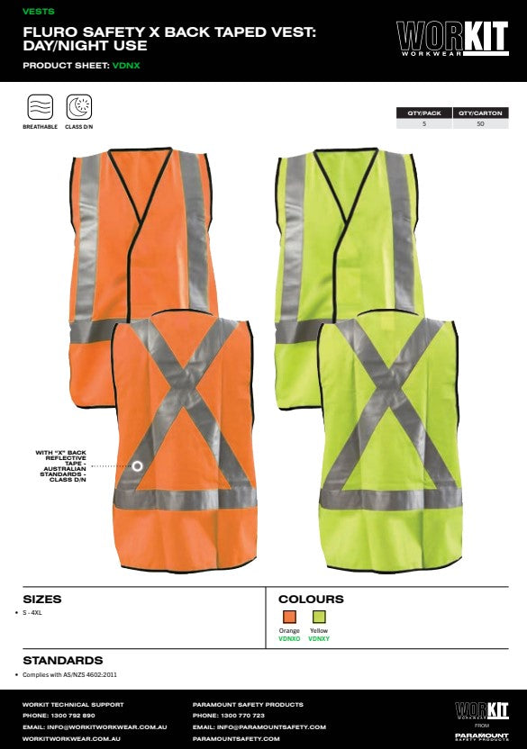 Pro Choice Hi Vis Fluro Safety Vest Day/Night use Reflective Tape H or X Back - Pack of 5 in 2 Colours and 7 Size Options