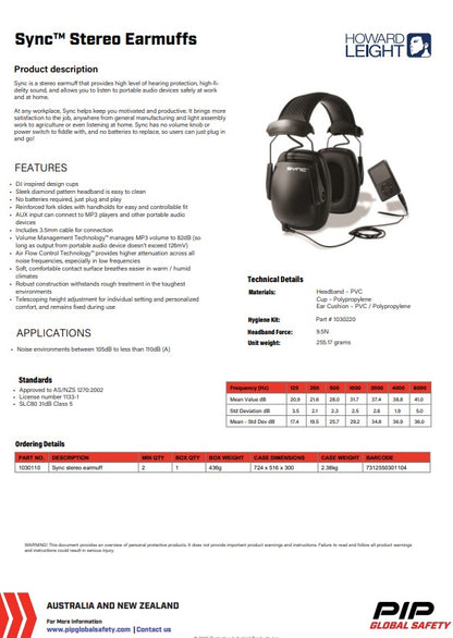 Howard Leight Sync Earmuffs 5 Designs + optional Hygiene Kit