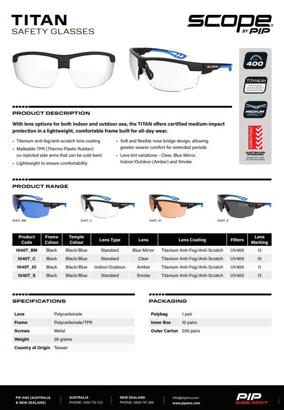 Scope Titan Safety Glasses Black Frame - 4 Lens colour options