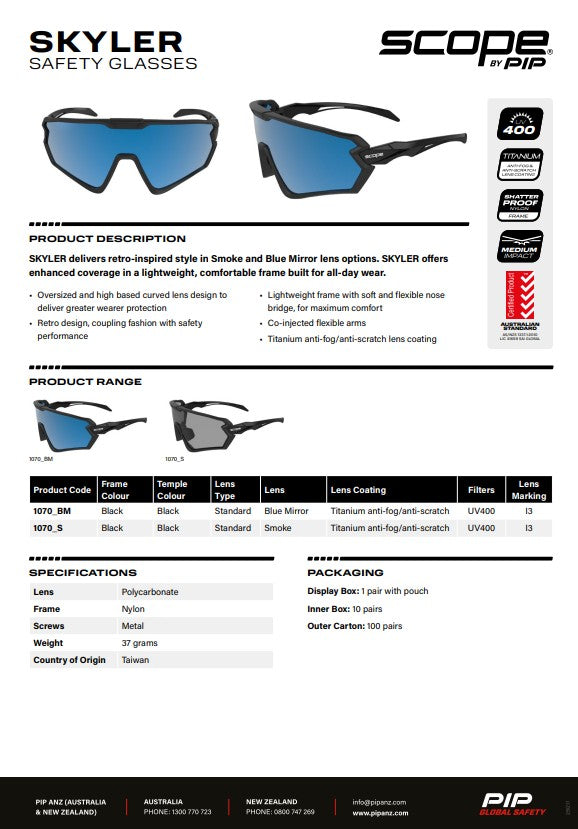 Scope Skyler Safety Glasses Black Frame - 2 Lens colour options