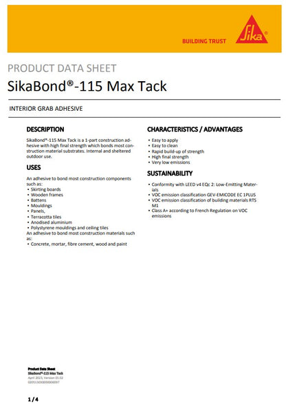 SikaBond-115 Max Tack Adhesive Sausages and Cartridges - Box of 12