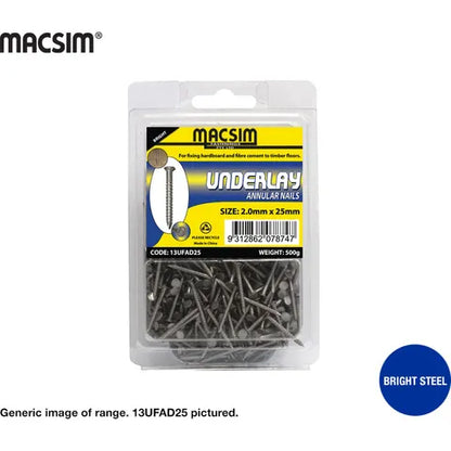 Macsim Bright Steel Underlay Nails - 2mm x 25mm x box weight