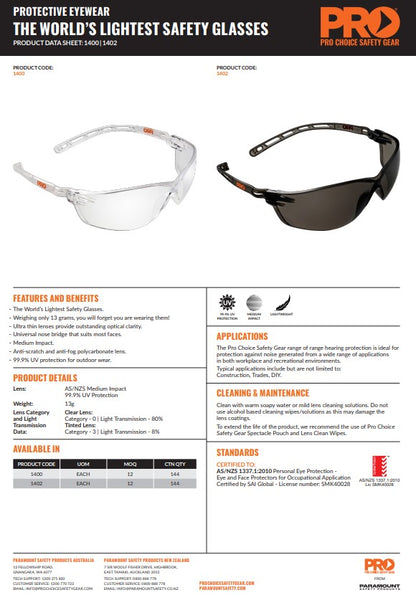 Pro Choice Worlds Lightest Safety Glasses - 12 Pairs in 2 Lens Colour Options