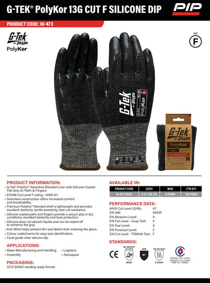 G-Tek PolyKor 13G Cut F Silicone Dip Gloves - 1, 6 or 12 Pairs in 5 Size Options