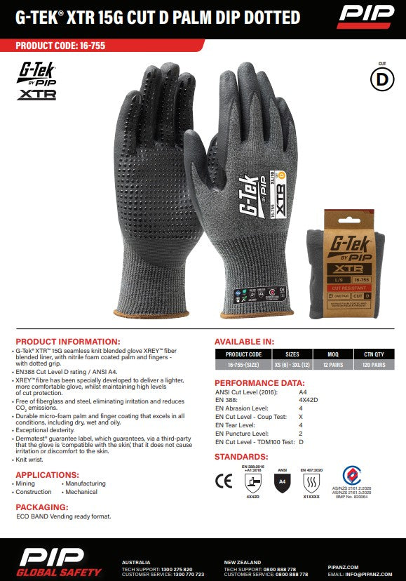 G-Tek Xtr 15G Cut D Palm Dip Dotted Gloves - 1, 6 or 12 Pairs in 7 Size Options