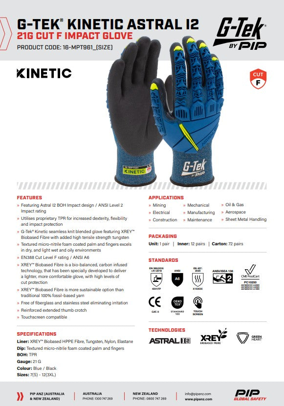 G-Tek Kinetic Astral I2 21g Cut F Impact Gloves - 1 pair in 6 size options