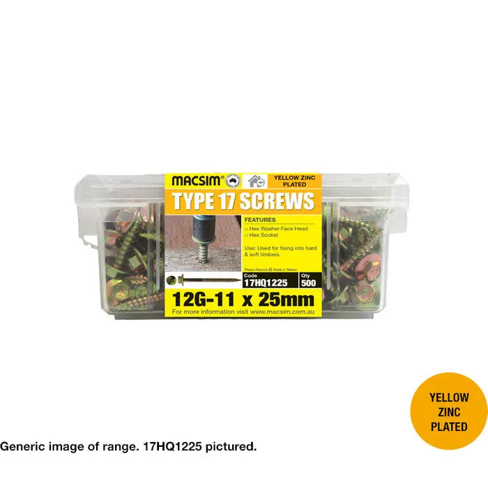 Macsim Type 17 Hex Head Screws Yellow Zinc Plated - Various Sizes and Quantities