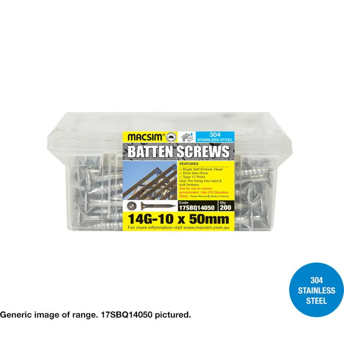 Macsim Type 17 Batten Screws (Hex Drive) 304 Stainless Steel 14G - Various Sizes and Quantities