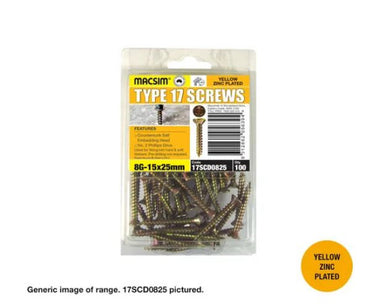 Macsim Type 17 Countersunk Head Screws Yellow Zinc Plated - Various Sizes and Quantities