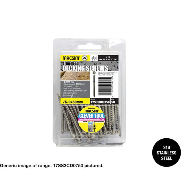 Macsim Type 17 TRIM Head Decking Screws (Square Drive) 316 Stainless Steel - Various Sizes and Quantities
