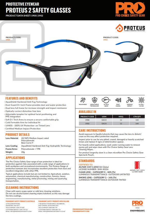Pro Choice Proteus 2 Safety Glasses Smoke Lens - 12 Pairs