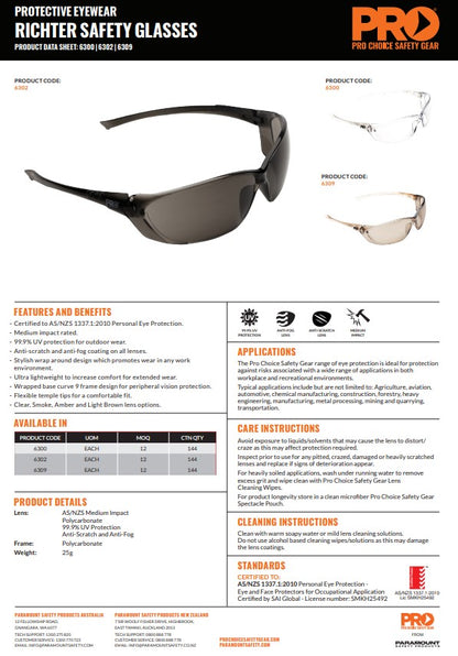 Pro Choice Richter Safety Glasses - 12 Pairs in 3 Lens Colour Options