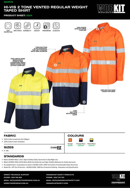 Hi-Vis 2 Tone Vented Regular Weight Taped Shirt - Various Colours and Sizes