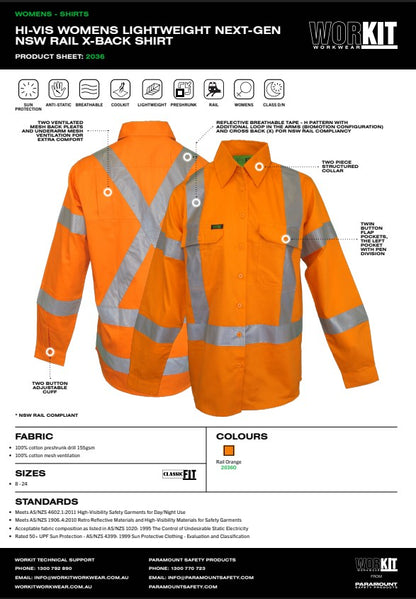 Hi-Vis Womens Lightweight NSW Rail Taped Shirt - Various Sizes