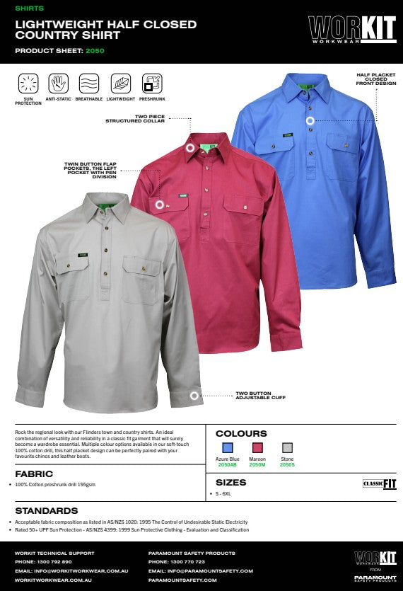 Flinders Lightweight Half Closed Country Shirt- 3 Colour Options in Various Sizes