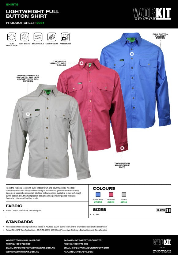 Lightweight Full Button Shirt 3 Colour Options in Various Sizes
