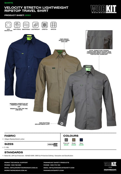 Velocity Stretch Lightweight Ripstop Travel Shirt - 3 Colour Options in Various Sizes