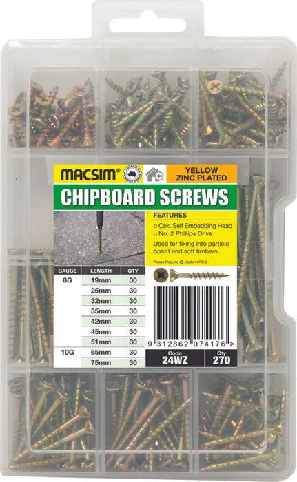 Macsim Chipboard Screws (Phillips Drive) - Tub of 270 ASSORTED SIZES - Available in Yellow Zinc Plated or Galvanised