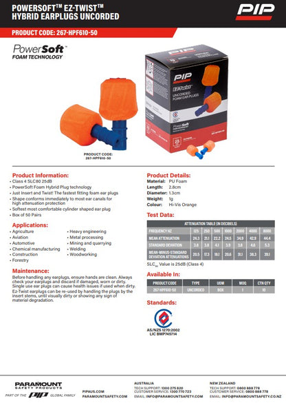 Powersoft Mega T-Fit and Ez-Twist EarPlugs Corded and Uncorded - Various Pack Quantities