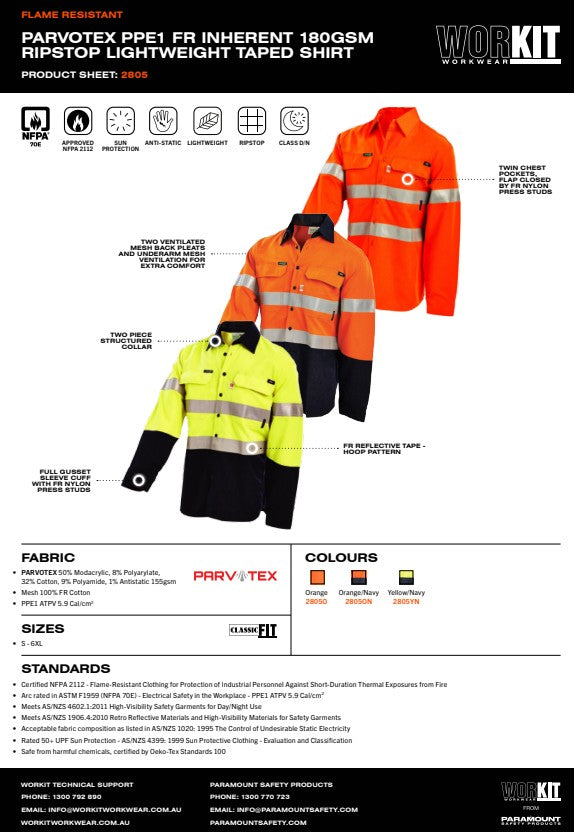 Parvotex PPE1 FR Inherent 180Gsm Ripstop Lightweight Taped Shirt 2 colour options in various sizes