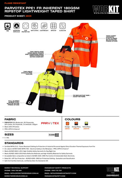 Parvotex PPE1 FR Inherent 180Gsm Ripstop Lightweight Taped Shirt 2 colour options in various sizes