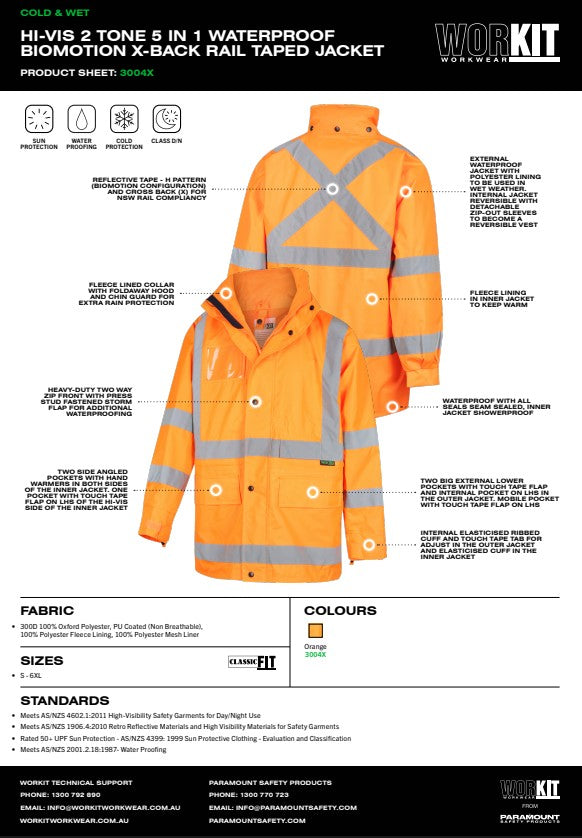 Hi-Vis 2 Tone 5 In 1 Waterproof Biomotion X-Back Rail Taped Jacket Limited Sizes