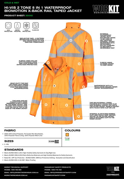 Hi-Vis 2 Tone 5 In 1 Waterproof Biomotion X-Back Rail Taped Jacket Limited Sizes