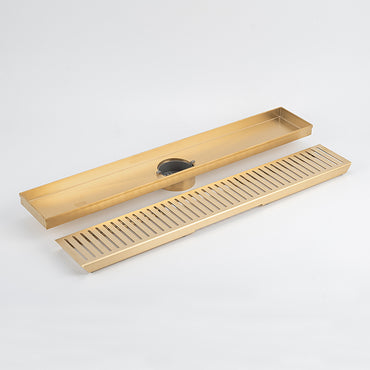 Radiant Brushed Gold Linear Slotted Floor Grate 100mm x Various Lengths in 2 Outlet Sizes