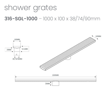 Radiant Brushed Satin Linear Slotted Floor Grate 100mm x Various Lengths in 3 Outlet Sizes