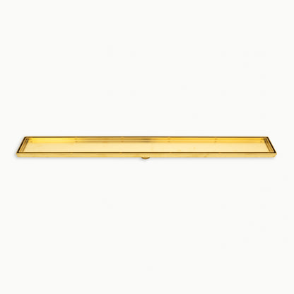 Radiant Brushed Gold Linear Tile Insert Floor Grate 100mm - 4 Length Options x 2 Outlet Sizes