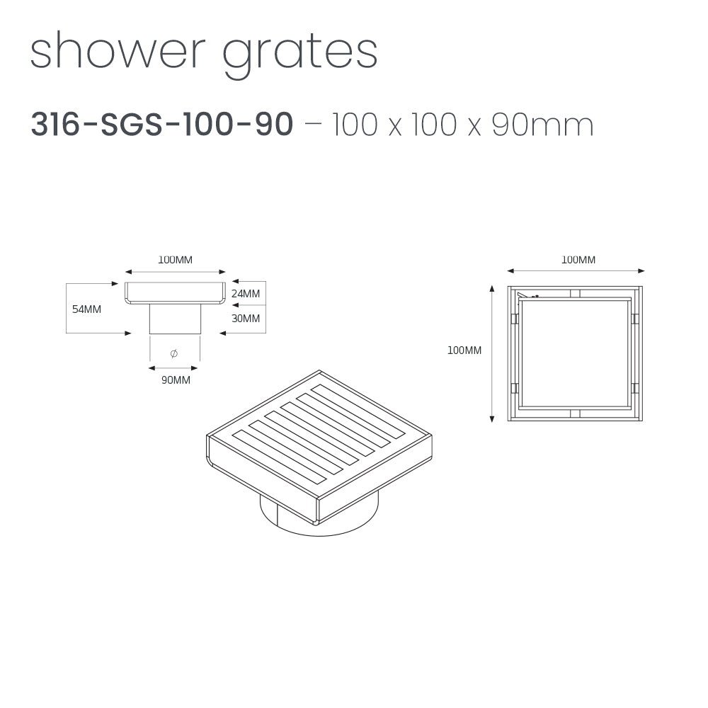 Radiant Brushed Satin Square Slotted Floor Grate 100mm x 100mm in 4 Outlet Sizes