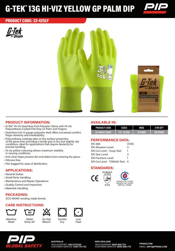 G-Tek 13G Hi-Viz Palm Dip Gloves - 12 Pairs in 6 Size Options