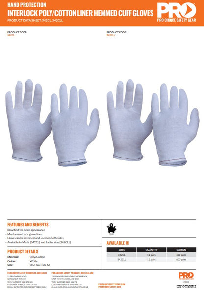Pro Choice Interlock Poly/Cotton Liner Hemmed Cuff Gloves - 12 Pairs in 2 Size Options