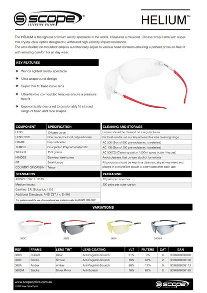 Scope Helium AF/AS Lens Safety Glasses - 10 pairs in 4 Lens Colour Options