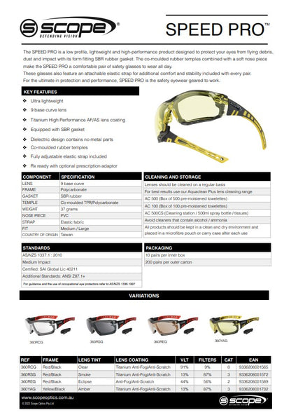 Scope Speed Pro Safety Glasses AF/AS Lens - 3 Lens and 2 Frame Colours Options