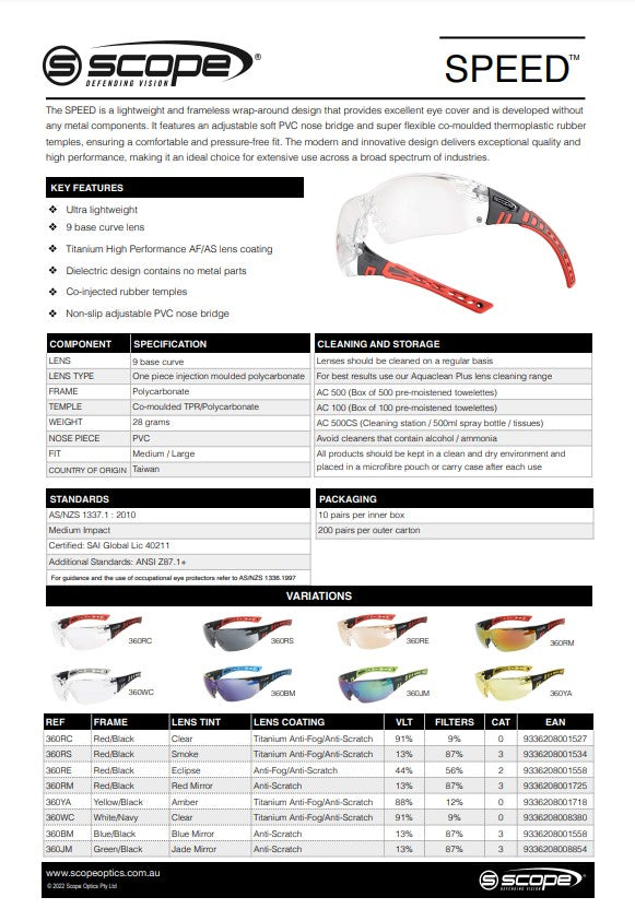 Scope Speed Safety Glasses - 10 Pairs in 8 Lens Colour Options and 5 Frame Colours