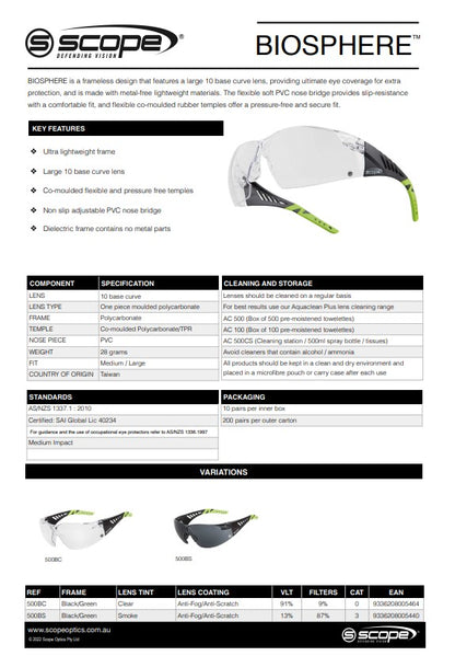 Scope Biosphere Safety Glasses Black & Lime Green Temple - 10 pairs 2 Lens Colour Options