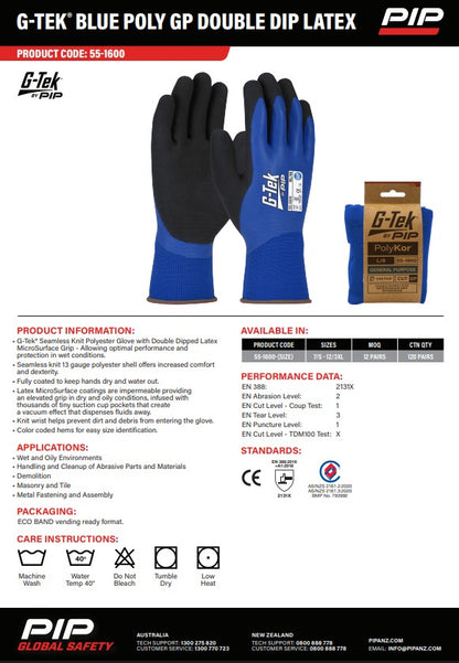 G-Tek Blue Poly Gp Double Dip Latex Gloves - 12 Pairs in 6 Size Options