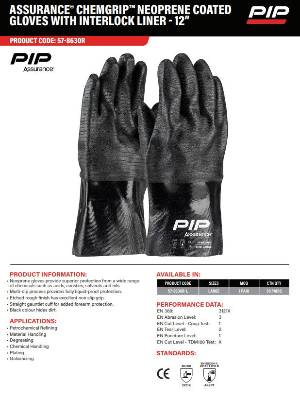 Assurance Chemgrip Neoprene Coated Gloves with Interlock Liner - 12” Large - 1, 6 or 12 Pairs