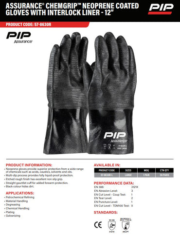 Assurance Chemgrip Neoprene Coated Gloves with Interlock Liner - 12” Large - 1, 6 or 12 Pairs